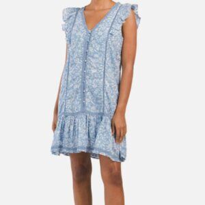 Lucky Brand Lace Trim Ruffle Shoulder Flounce Floral Mini Dress Blue Size XL